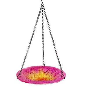 Hanging Glass Pink Flower Bird Bath Bird Feeder 8 In for Garden Decoration